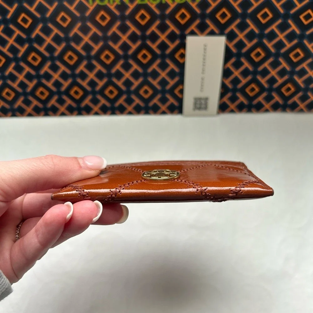 Tory Burch Willa Shine Slim Card Case Java Gold Brown Tan Neutral Card Holder
